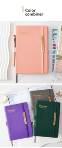 Close-up of 2024-2025 planner with PU leather cover, elastic band and pen holder details