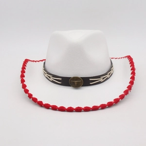 Close-up of white felt western cowboy hat with red stitched brim and bull head badge