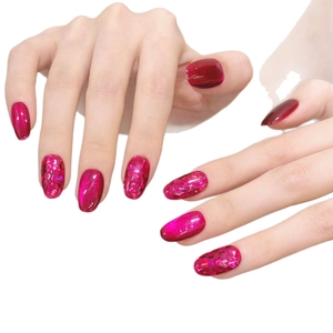 Handmade dragon fruit rose red cat eye and glitter press-on nails set for manicure.