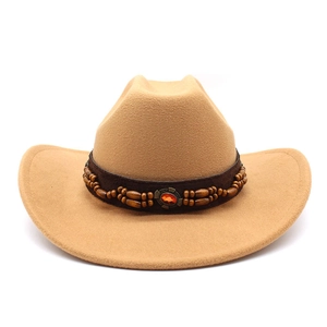 Chapeau de cowboy classique en laine kaki avec ruban ethnique et perles en bois