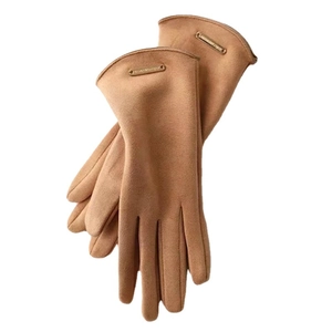 Beige suede winter gloves for women with warm lining and stylish metal cuff detail