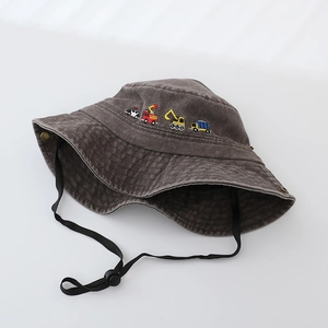 Kids dark gray bucket hat with cartoon excavator embroidery and adjustable chin strap