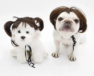 Funny pet wig styles with dark brown pigtails and bob cut for small dogs and cats
