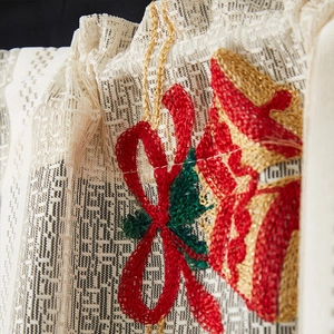 Christmas lace curtain with bell embroidery and holly leaves for window decor