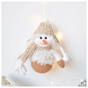 Detailed view of plush snowman ornament with gold knitting and warm LED holiday lighting