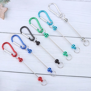 D-ring carabiner keychains in six vibrant colors on a white wood texture background