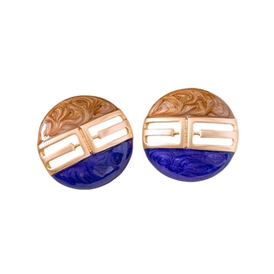 Vintage round enamel stud earrings with brown and blue marble textures and gold grid