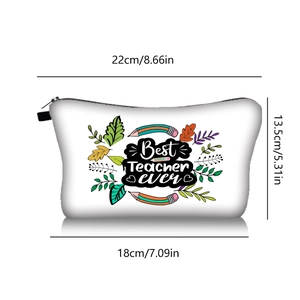 Detailed dimension guide for white canvas makeup bag featuring Best Teacher Ever print
