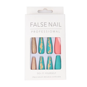 Detail view of 24pcs long ballet press-on nails with gold foil and glitter design