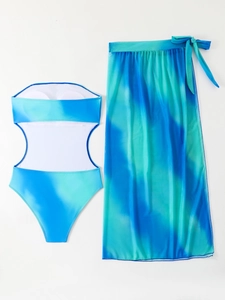 Blue and cyan tie-dye one-piece swimsuit with matching long sarong wrap for beachwear