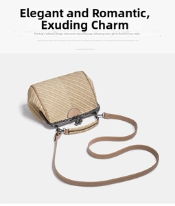 Detailed view of vintage straw handbag with ornate metal frame and leather strap