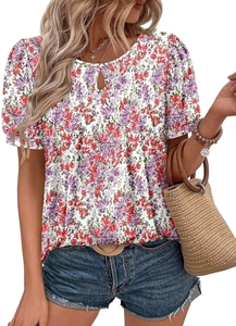 Close-up of teardrop neckline and vibrant floral print on summer short sleeve top