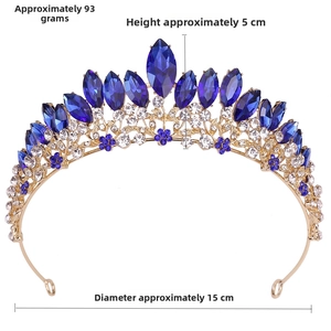 Detailed luxury gold crown with blue marquise gems and crystals, 15cm wide and 5cm high
