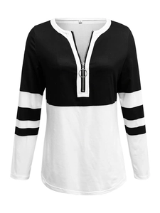 Women V-neck long sleeve sweatshirt with black and white color block and zip front