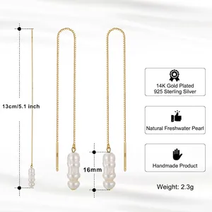 Elegant s925 silver long drop earrings with 14k gold plating and baroque freshwater pearls