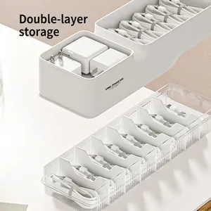 Double-layer cable organizer box with clear compartments for charging cords and plugs