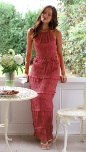 Detail of dusty pink sleeveless chiffon set with ruffled layers and drawstring waist