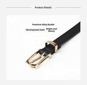 Detailed close-up of a black PU leather belt featuring a shiny gold alloy pin buckle