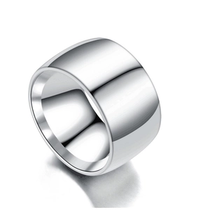 Close-up of a wide polished silver titanium steel band ring for men on white background