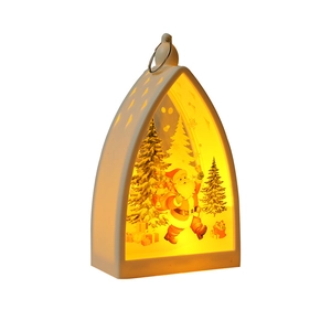 White vintage Christmas LED lantern featuring Santa Claus and snowy tree scene