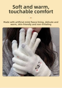 Detail of touch screen conductive fingertips and soft faux mink texture on winter gloves