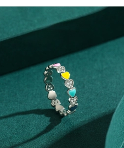 Detail of s925 silver ring featuring colorful enamel hearts and sparkling zircon stones