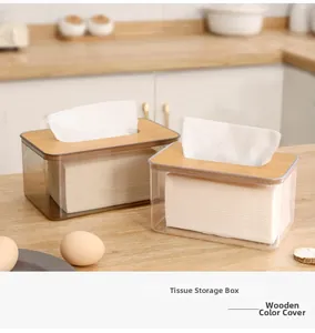 Modern transparent tissue box with wooden lid displayed in a cozy kitchen setting