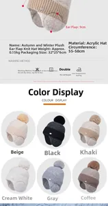 Detail specifications of acrylic knit winter hat with 9cm ear flaps and soft fur pompom