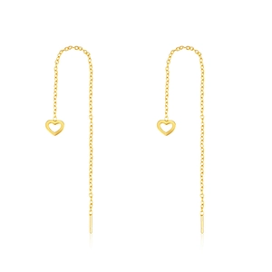 Close-up of golden S925 sterling silver long chain earrings with hollow heart pendants