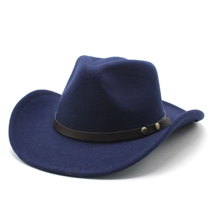 Classic dark blue wool felt western cowboy hat with brown leather band and brass rivets