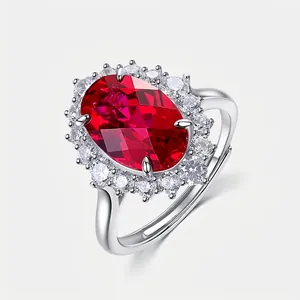 925 Sterling Silver Oval Cut Cultured Gemstone Halo Ring For Women Adjustable Rhinestone Inlaid Fashion Jewelry Party Wedding Gift