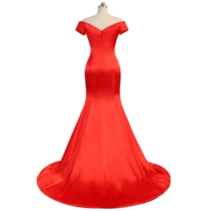 Elegant red off-shoulder satin mermaid evening gown with a long train for formal events