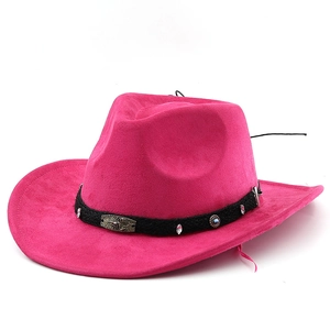 Rose red faux suede western cowboy hat with studded turquoise ethnic style band