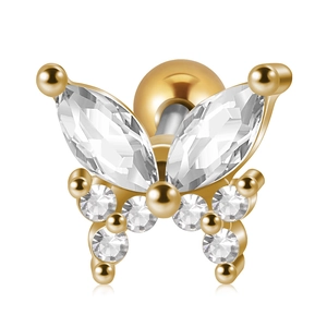 Golden butterfly stud earring with clear zircon crystals and screw ball back