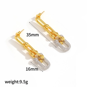 Two-tone U-shape stainless steel chain link earrings with pavé crystals and dimensions