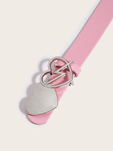 Detailed close-up of pink leather belt featuring a unique silver double heart lightning buckle