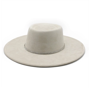 Elegant off-white wide brim felt fedora with a sparkling rhinestone band decoration