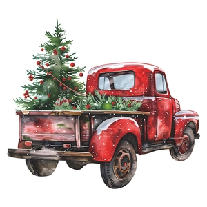 Watercolor Christmas red truck with green holiday tree wall sticker for home decor