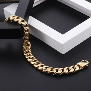 Bracelet gourmette cubain 12mm en acier inoxydable plaqué or 18 carats poli pour hommes