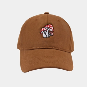 Brown cotton baseball cap featuring three red mushroom embroidery in a front view