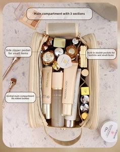 Macro view of creamy beige toiletry bag interior showing large capacity and compartments