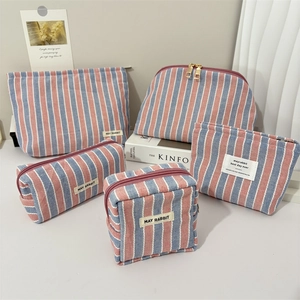 Borsa Da Toilette In Tela A Righe Organizzatore Per Trucco In Cotone E Lino Astuccio Da Viaggio Portatile Custodia Con Cerniera Per Donna