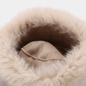 Winter faux fur bucket hat with warm plush lining and camel suede finish for women