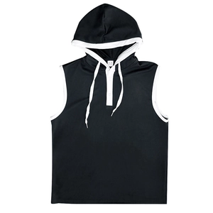 Men's black hooded sleeveless shirt detail showing white drawstrings and button placket