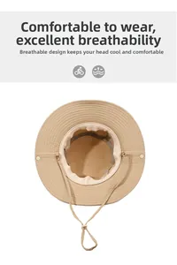Detail of khaki outdoor sun hat featuring breathable mesh lining and adjustable drawstring
