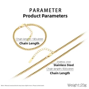 Detailed size parameters for gold stainless steel Cuban link chain necklace and bracelet set