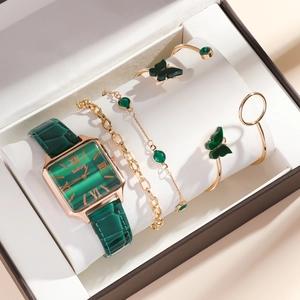 Elegant 5-piece women gift set with green watch, butterfly bracelet and gold rings
