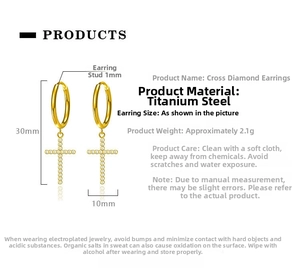 Detailed size specifications for gold titanium steel cross earrings with zircon stones
