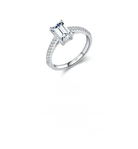 Macro shot of S925 sterling silver ring showing emerald cut stone and hallmark