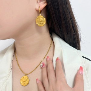 18K gold plated stainless steel octagon tree necklace and earrings set worn by a model